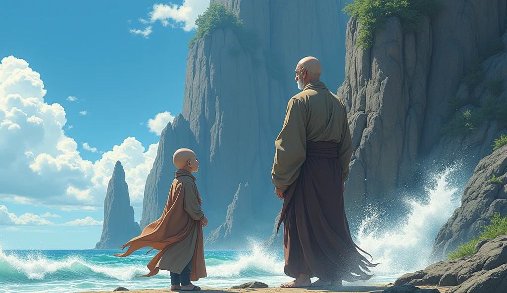 Bald old monk sensei master, young bald desciple, standing in front of cliff, wind hold fiercely, in anime style,