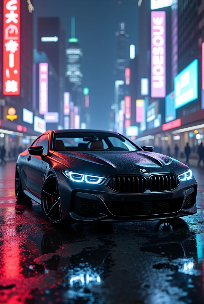 Bmw s8  in black colour in neon head light cyberpunk city behind the lighting city