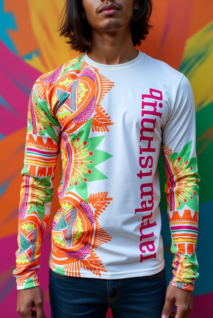 A long-sleeved T-shirt with a white base color and adding the Neon Orange color, Fluorescent Green and Fuchsia that says Tinku Khunpa small on the right side and that have things that represent Bolivia and its aguayo