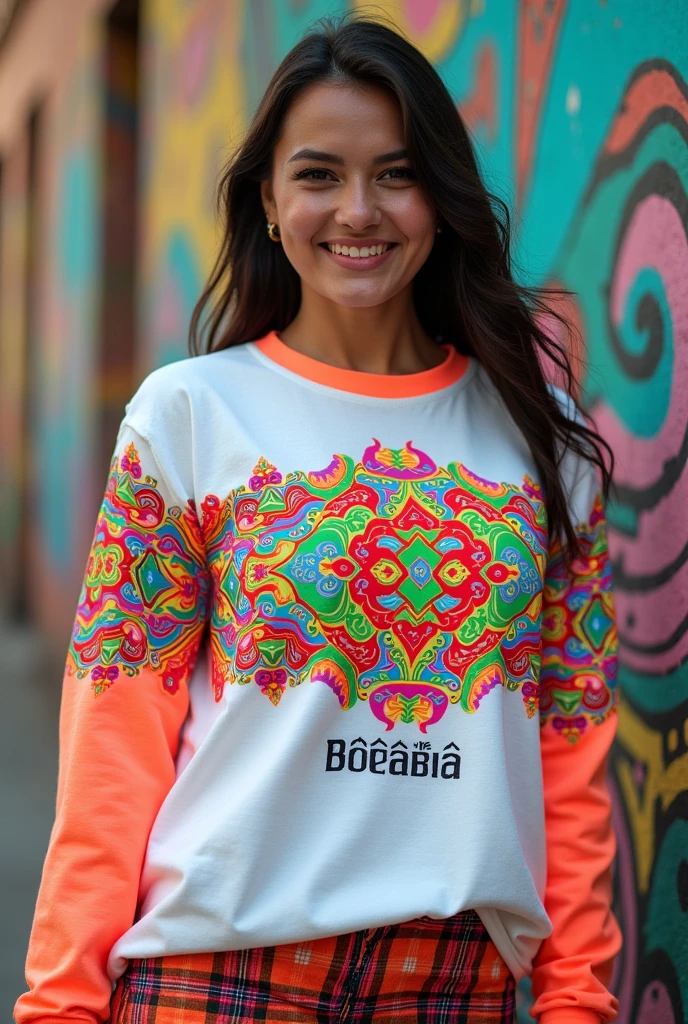 A long-sleeved T-shirt with a white base color and adding the Neon Orange color, Fluorescent Green and Fuchsia that says Tinku Khunpa small on the right side and that have things that represent Bolivia and its aguayo
