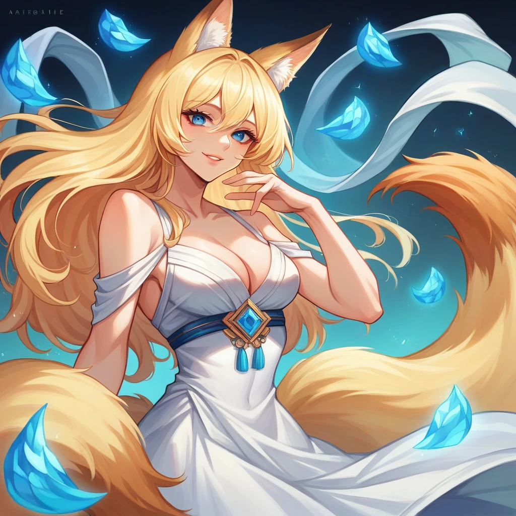 blonde long hair, blue eyes, smiling, beautiful detailed eyes, beautiful detailed lips, extremely detailed face, 1girl, animal ears, fox ears, fox tail, kitsune, white dress, cleavage, seductive pose, digital painting, highly detailed, intricate details, cinematic lighting, vibrant colors, Anime, 8k, best quality, (masterpiece:1.2)
