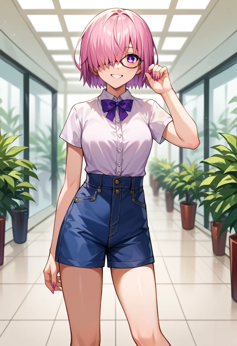 score_9, score_8_up, score_7_up, score_6_up, source_anime, mash kyrielight, short hair, purple eyes, pink hair, hair over one eye, glasses, 1girl, solo, fashion model costume, posing, smiling, fullbody shot, She is standing on a platform, the background is in a mall