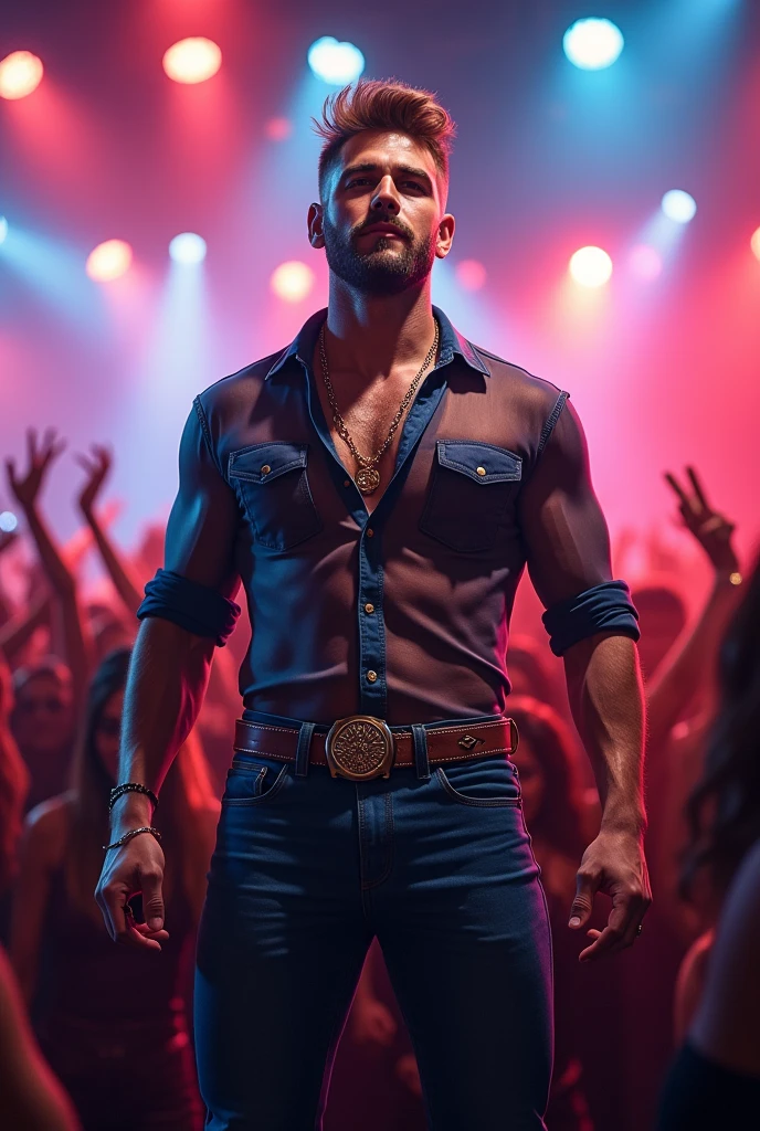 create a country singer style: Gustavo Lima, handsome, Cao Cao, beard and regua, tufty hair, light brown, wearing tight pants, tight shirts ,
in an environment with lots of people and girls crazy about him, a stage full of lights and very beautiful, I need the face to be very apparent, a transparent country shirt showing off his beautiful physique
