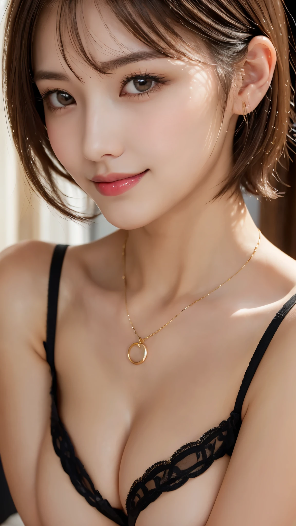 (Photorealistic, 32k, RAW photo, best quality:1.4), (masterpiece:1.3), (ultra high resolution, ultra realistic, highly detailed, golden ratio, ultra detailed), natural makeup, intricate cloth texture, finely detailed hair texture, beautiful full-body, perfect female form, anatomically accurate, highly detailed face and skin, (elegant hands), (realistic skin), (beautiful pale skin:1.1), (Oversized Breasts, generous cleavage:1.3), (extreme close-up:2.0), (Halter neck lace teddy with peek-a-boo cups:1.3), (Elegant pendants),
BREAK,
realistic eyes, captivating detailed eyes, symmetric eyes, light brown eyes, double eyelids, thin eyebrows, (glossy lips:1.4), (kissable expression, Shy Smile, blush:1.3),
BREAK,
((short bob cut, dark brown hair, bangs:1.2)), (Late Night, bedroom, :1.3), (Sitting on the bed:1.3)