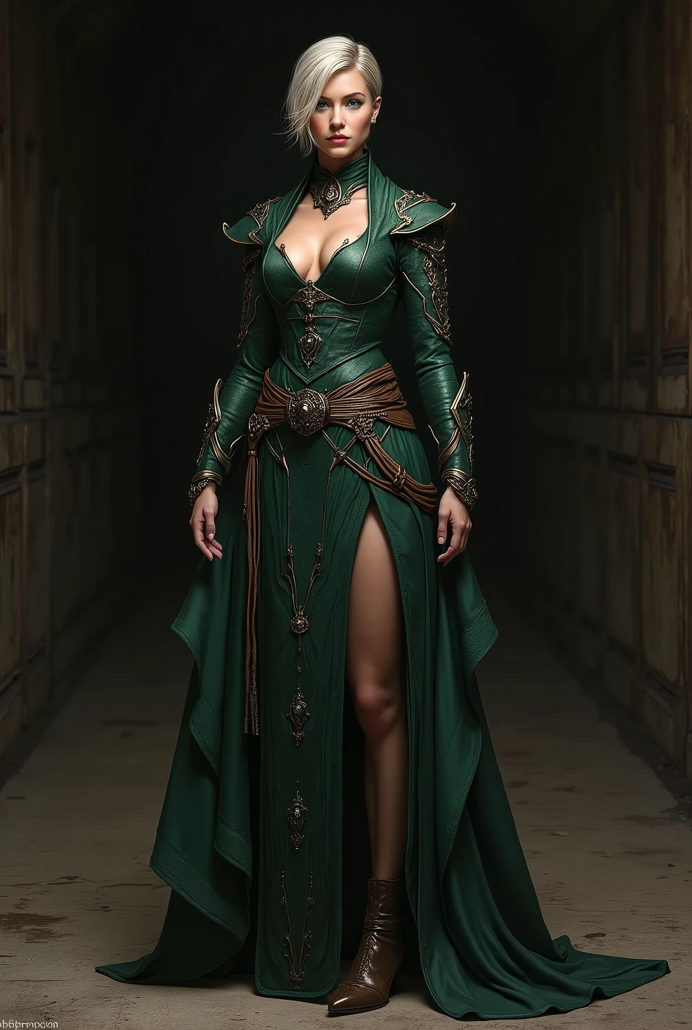 short, Female, Half-Orc, long flowing "light brown hair", "ice blue eyes", "green skin", black and brown robe, full body pose,