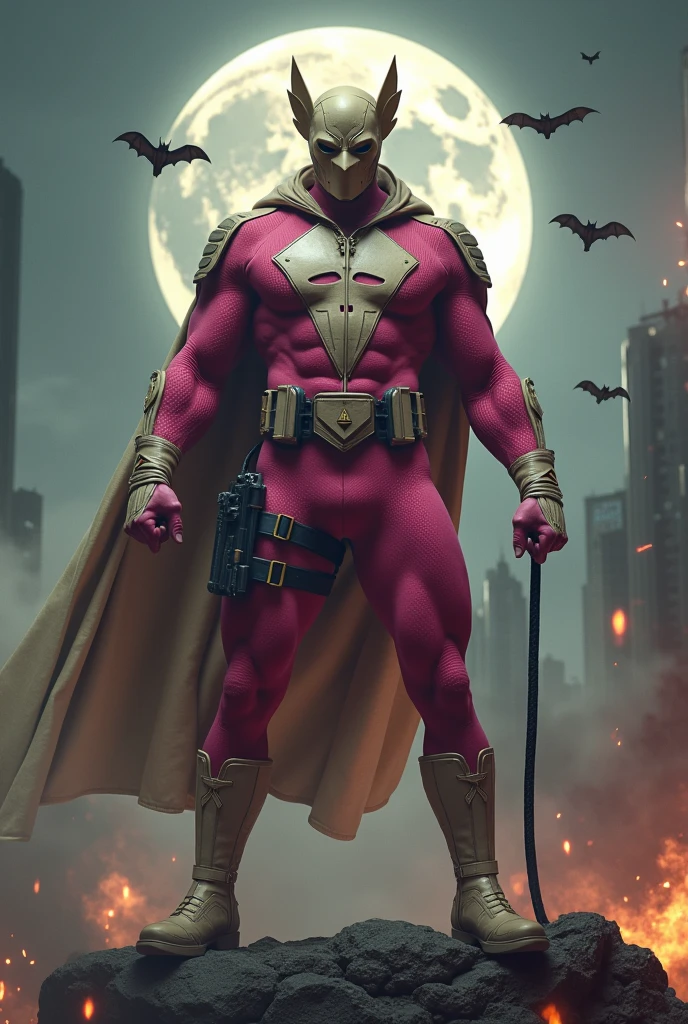 Malaysia man in high-tech suit, vivid effects, malaysian superhero (KELUANG MAN) in a striking pink and beige costume cyberpunk design, mask small mini bat ear beige, daredevil beige mask, jumpsuit dark pink stands confidently in a dramatic.jumping from high place.hero costume.one hand rise up. Big triangle logo on the chest. Punisher logo on the chest. Fighting pose , stormy landscape. ((Head covered node guard like batman. Running pose , athletic body type, small mini ear bat mask))The character wears domino mask a helmet with pointed mini torn ears and a flowing cape biege, open nose and mouth. Equipped with visible futuristic weapons on a belt,bullet proof jacket pink dark day.show fingers pose, dark night, big supermoon effect . Small logo on chest triangle shape small punisher logo center triangle cyber logo center on chest pink logo mini logo . rocky. Building top.smoke ground , bomb effect background, losse pants, losses costume.adding to --ar 3:4 --style raw --stylize 500 --v 6.1. chaos. Lot of small flying bat. One leg on the high stone. Man . Real man age 40 year old. One hand holding belt.one hand holding black rope hanging on building