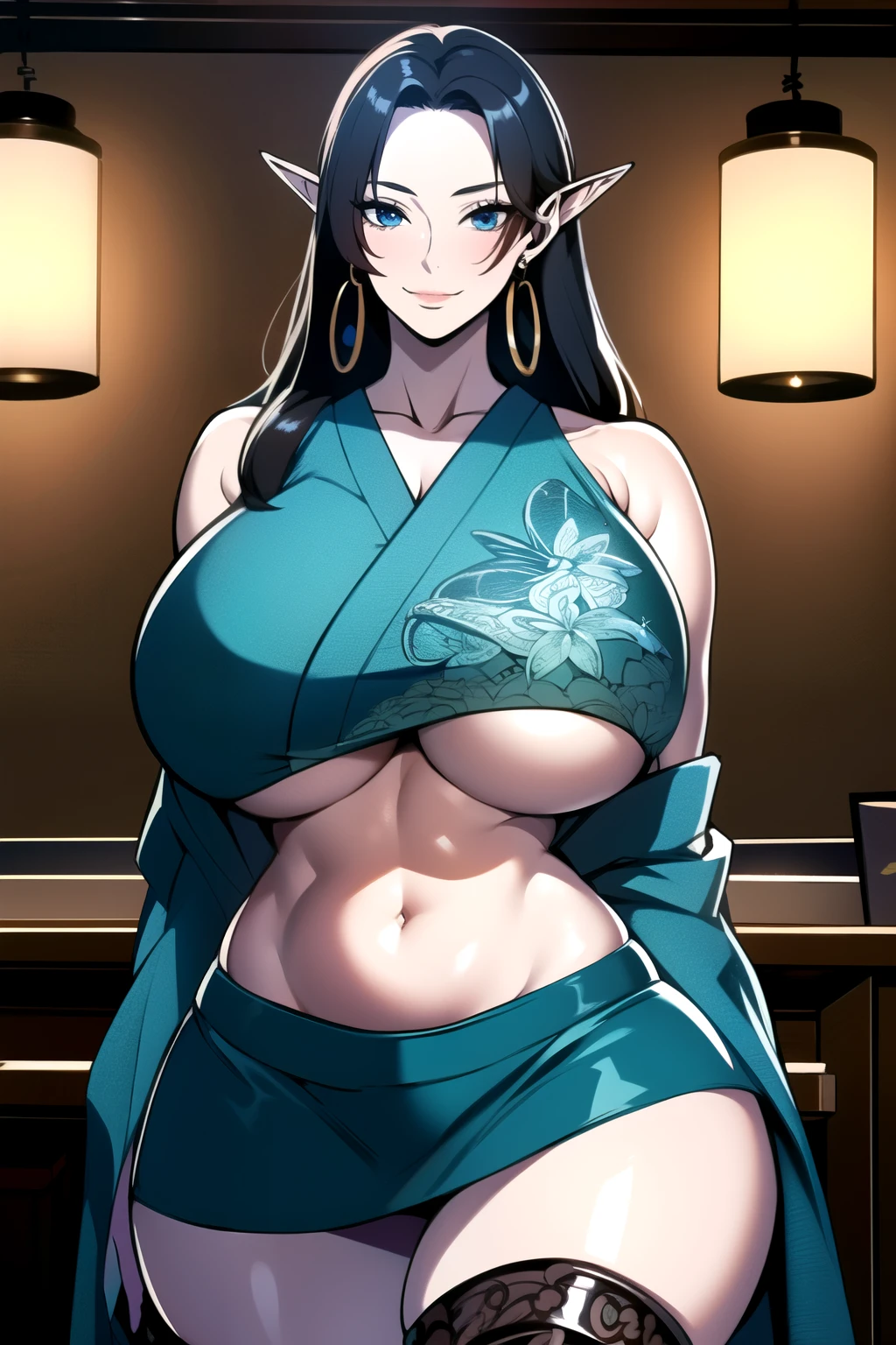 ultra realistic 8k cg, masterpiece, ((ultra detailed background, intricate detail, highly detailed, fine details best quality, hyperdetailed face)), gigantic breasts ,beautiful lighting, absurdres, BoaHancockV2, 1girl, solo, (black hair), long hair, jewelry, closed mouth, ), cleavage, (short kimono : 1.1), (underboob : 1.4), elbow gloves, thigh boots, miniskirt, bare shoulders,, bare shoulders, curvy, midriff, curvy, thighs, shiny clothes), blue eyes, complex detailed background, indoor, palace), ((cowboy shot)), curvy, (gigantic breasts: 1.1), seductive smile, cowboy shot, earrings, jewelry, elf ears