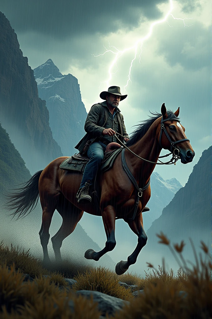 Cow boy riding a horse in a thunder of storm in a mountain valley