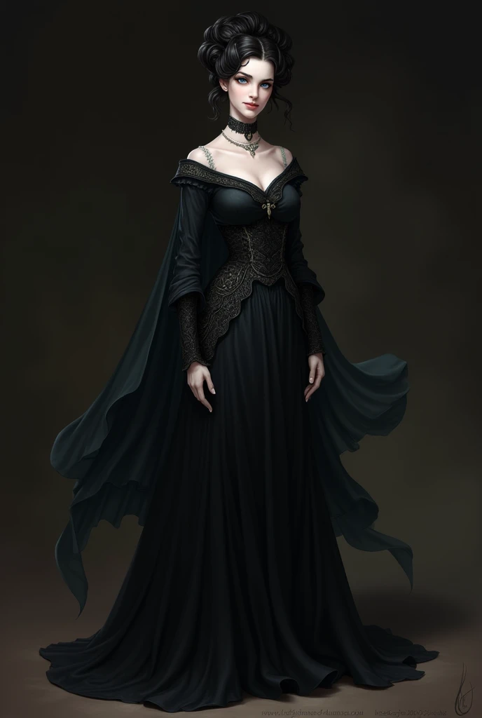 A full-body portrait of Lady Althea Voss, one of Lady Seraphina d’Aurelis' trusted ladies-in-waiting. Althea is depicted in a dark, elegant gown that reflects her sophisticated and cunning nature. She stands with a graceful yet commanding presence, her pale skin contrasting with her jet-black hair styled in an elaborate updo. Her ice-blue eyes are sharp and observant, giving her a calculating and intelligent expression. The background is subtle and dark, emphasizing her role as a manipulator in court intrigues. The art style is realistic, capturing the intricate details of her gown and her poised demeanor.