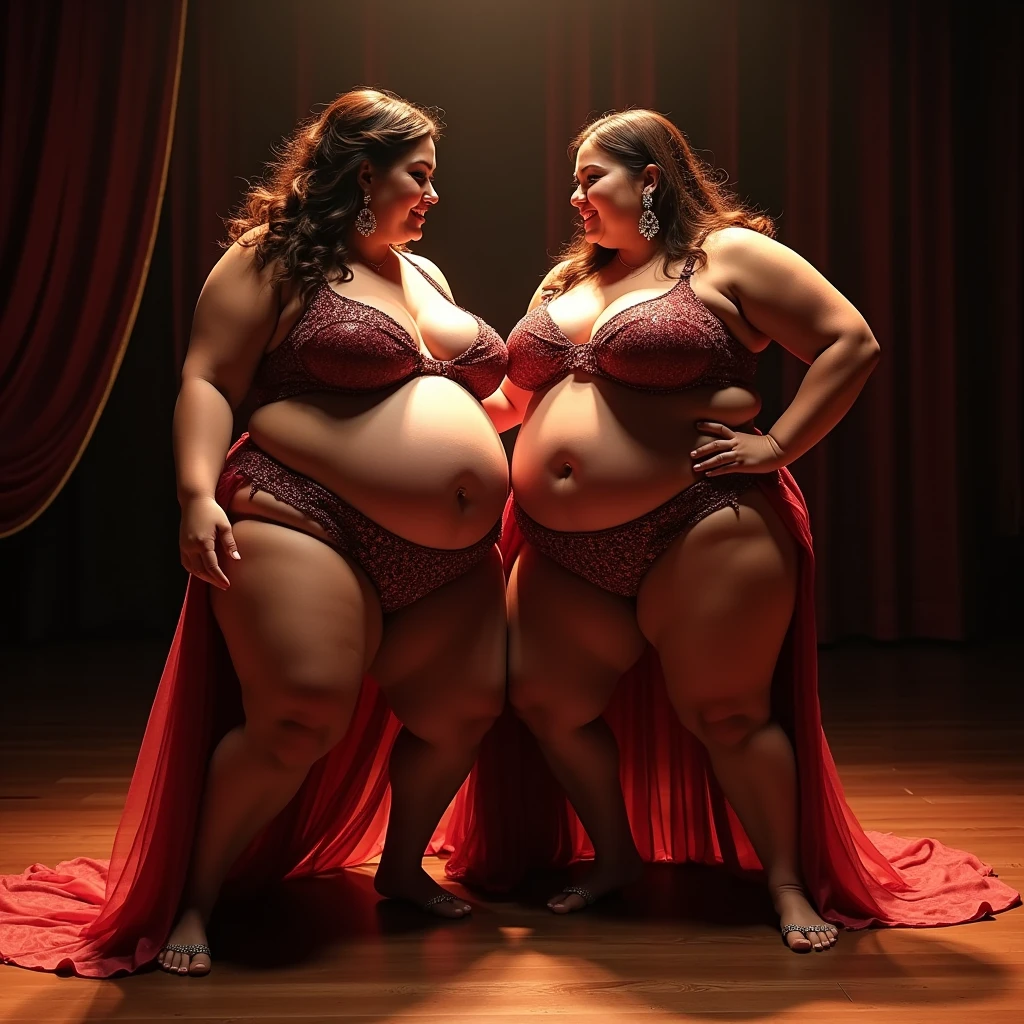 Two plus size model women are obese and fat, 200kg, with a lot of fat on their stomachs and buttocks, they have gained weight by eating too much, they are obese brown haired American plus size models with very big buttocks, their buttocks are big and inflated and covered with a lot of fat, on stage they are wearing belly dance costumes and are dancing belly dance with smiles, rubbing their buttocks against each other, 4K quality