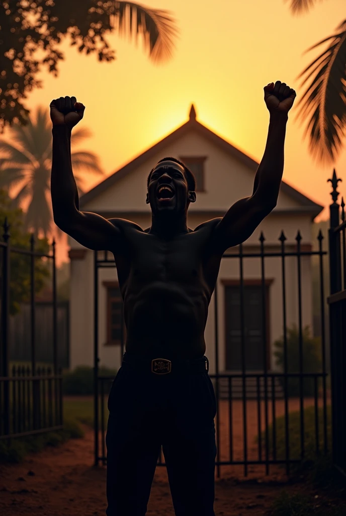 The fence of a colonial house with the silhouette of an African man shouting with f