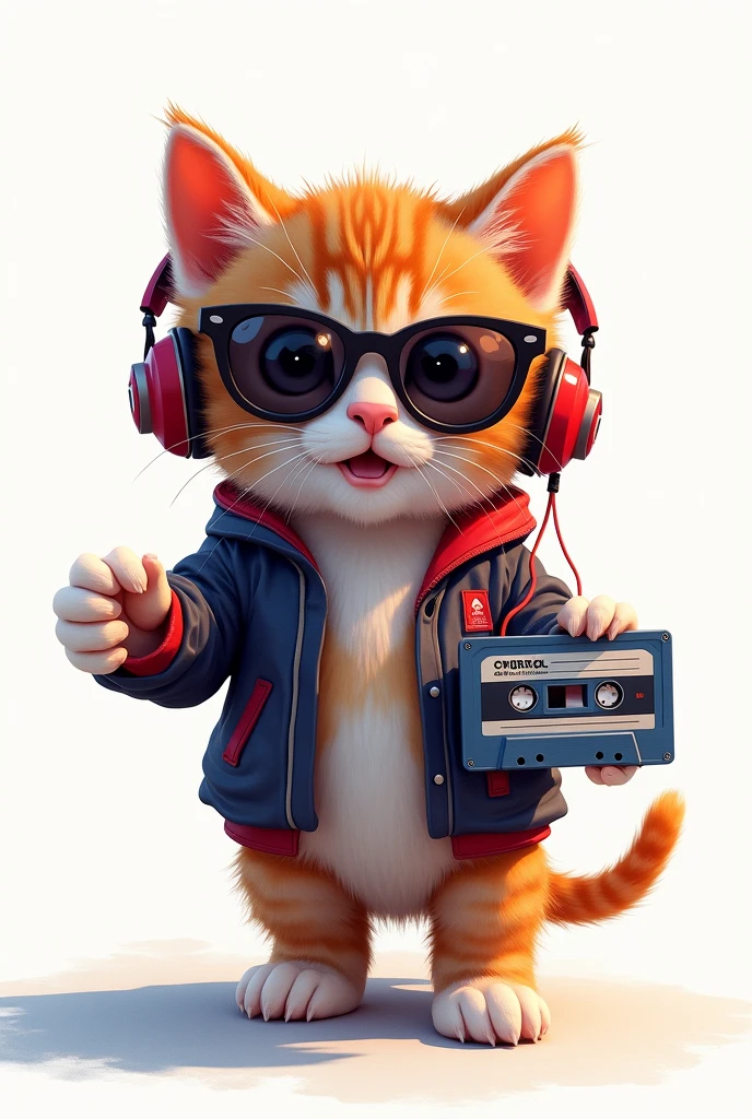 Perfect centering, Cute kitten, Wear a school jacket, Wear sunglasses, Wearing headphones and holding a cassette tape, Standing position, Abstract Beauty, Centered, Looking into the camera, To the camera, Near perfect, dynamic, moonlight, Very detailed, Digital Painting, artステーション, コンセプトart, Smooth, Sharp focus, 8k, High resolution, figure, art:Kahne Griffith and Vadim Kashin, White Background