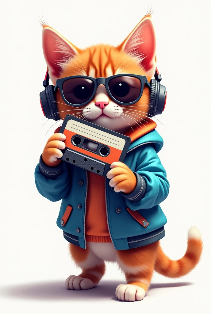 Perfect centering, Cute kitten, Wear a school jacket, Wear sunglasses, Wearing headphones and holding a cassette tape, Standing position, Abstract Beauty, Centered, Looking into the camera, To the camera, Near perfect, dynamic, moonlight, Very detailed, Digital Painting, artステーション, コンセプトart, Smooth, Sharp focus, 8k, High resolution, figure, art:Kahne Griffith and Vadim Kashin, White Background