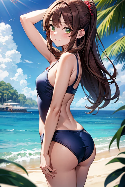 masterpiece, best quality, 1 girl, kinomoto sakura, brown hair, long hair, straight and loose, green eyes, school swimsuit, hands behind head, swimsuit, smiling, naughty face, alone, looking at viewer, sea, sand, blue sky, tropical island background, on the coast, sticking her ass out, sexy position, alone, outdoors, blue sky, park background