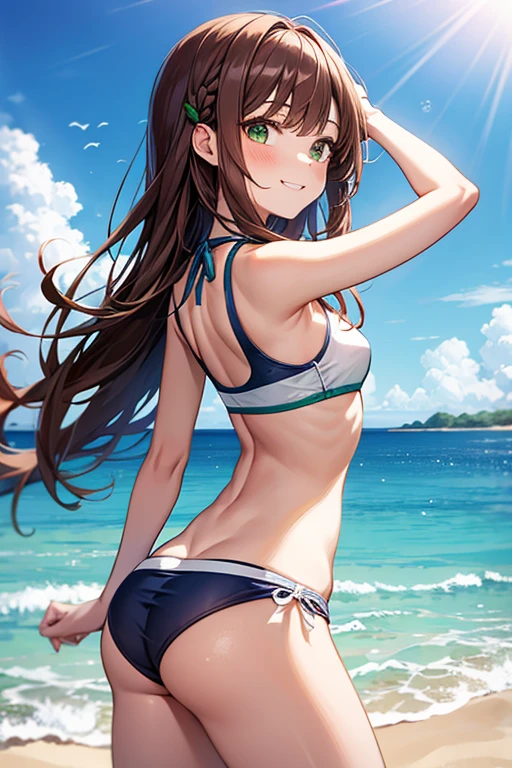 masterpiece, best quality, 1 girl, kinomoto sakura, brown hair, long hair, straight and loose, green eyes, school swimsuit, hands behind head, swimsuit, smiling, naughty face, alone, looking at viewer, sea, sand, blue sky, tropical island background, on the coast, sticking her ass out, sexy position, alone, outdoors, blue sky, park background