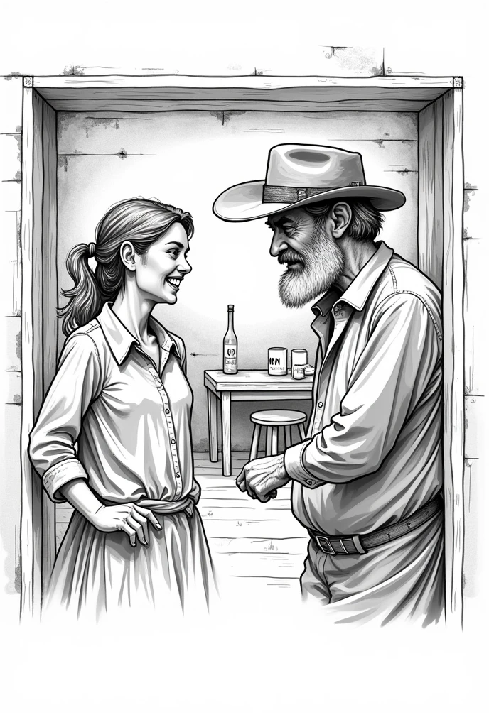 Create a black and white drawing , easy to draw, of a slightly older farmer man with a beard and hat , and a woman running to pick up things , both do them inside the house , Place objects in the room and make both of them have their mouths open as if they were talking.