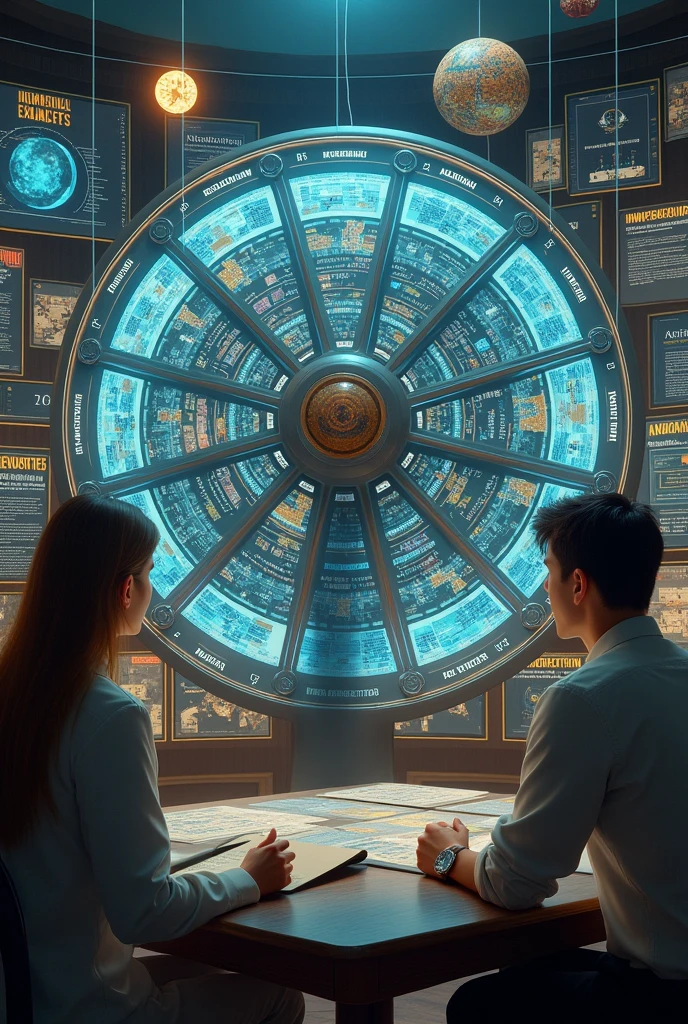 Imagine a big spinning wheel, in the center of a study room, with several segments connected by bright lines representing different historical phenomena. Each segment is illustrated with event images and icons, inventions and social changes, all interconnected in a continuous cycle.
Researchers are around the wheel, adjusting the segments and observing how a change in one area directly affects other parts of the cycle. They use dynamic charts and interactive maps to visualize how, For example, an increase in food production leads to population growth, which in turn stimulates technological innovations and cultural changes.
Ao fundo, large information panels show specific historical examples, such as the Industrial Revolution or the development of ancient civilizations, highlighting how each of these events connects and influences other phenomena. The scholars' expression is one of intense concentration and curiosity, reflecting the challenge of mapping and understanding these complex interactions.
The environment conveys the idea of an interconnected and dynamic system, where each element of the story is intertwined and contributes to a continuous cycle of cause and effect
.