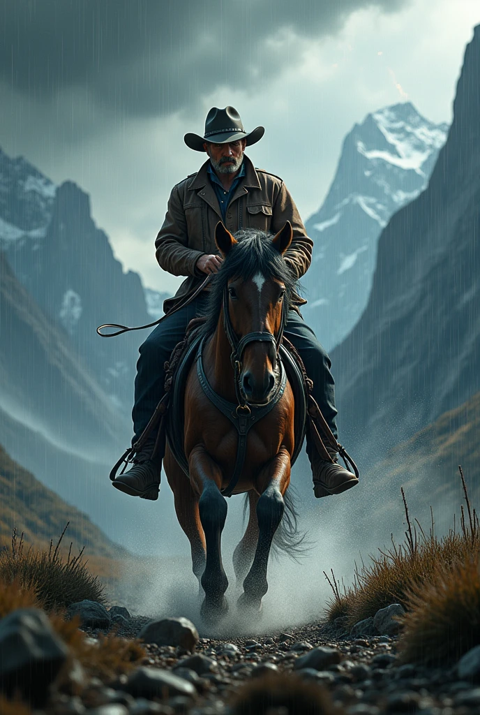 Cow boy riding a horse in a thunder of storm in a mountain valley