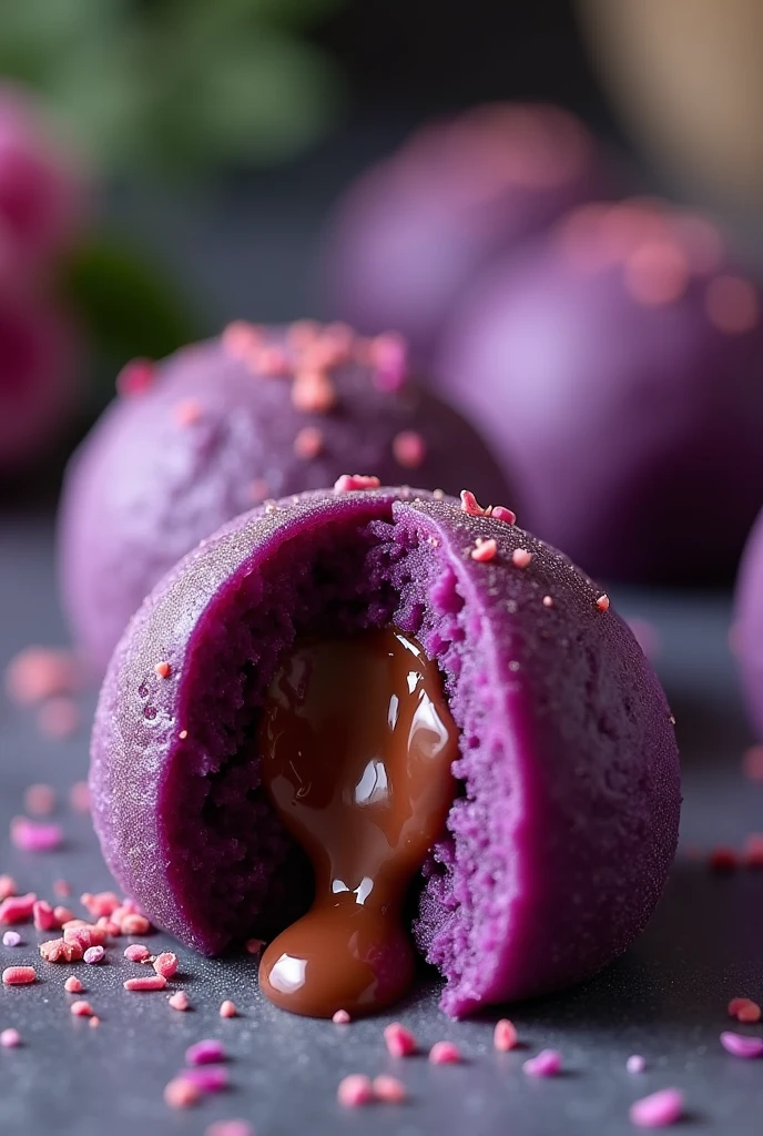 Colorful Filipino delicacy of sweet purple yam balls filled with molten chocolate when it slice in middle. Ube only then molten chocolate please with background that align with my business ube balls