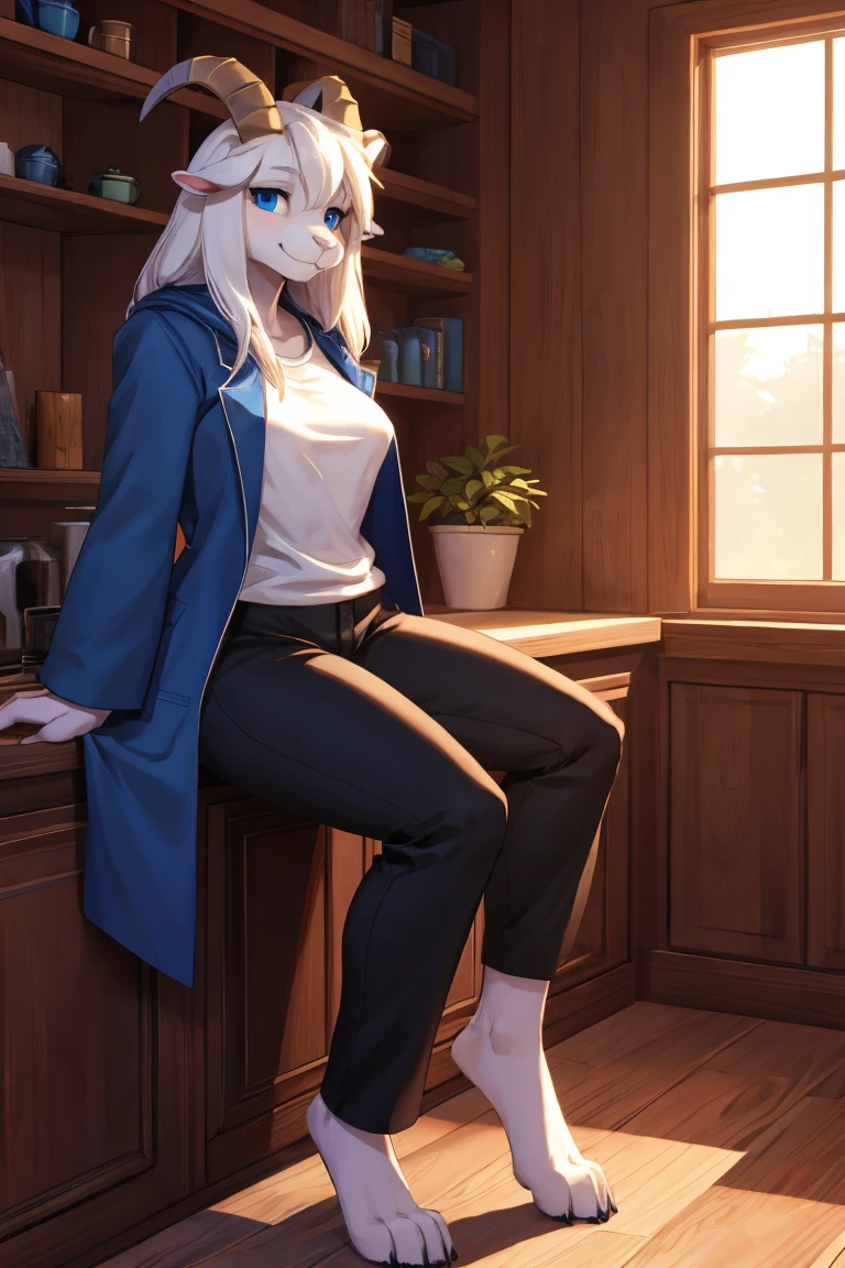 woman, alone, in a house, furry, Goat, anthropomorphic goat, Asriel, Undertale, medium breasts, big ass, medium wide hips, perfect body, tall, long hair, blue eyes, anthro face, cartoon, smile, blue coat, black t-shirt, brown pants, looking at the viewer, barefoot, anthro feet, wide feet, detailed, best quality, Best detail, details and quality.