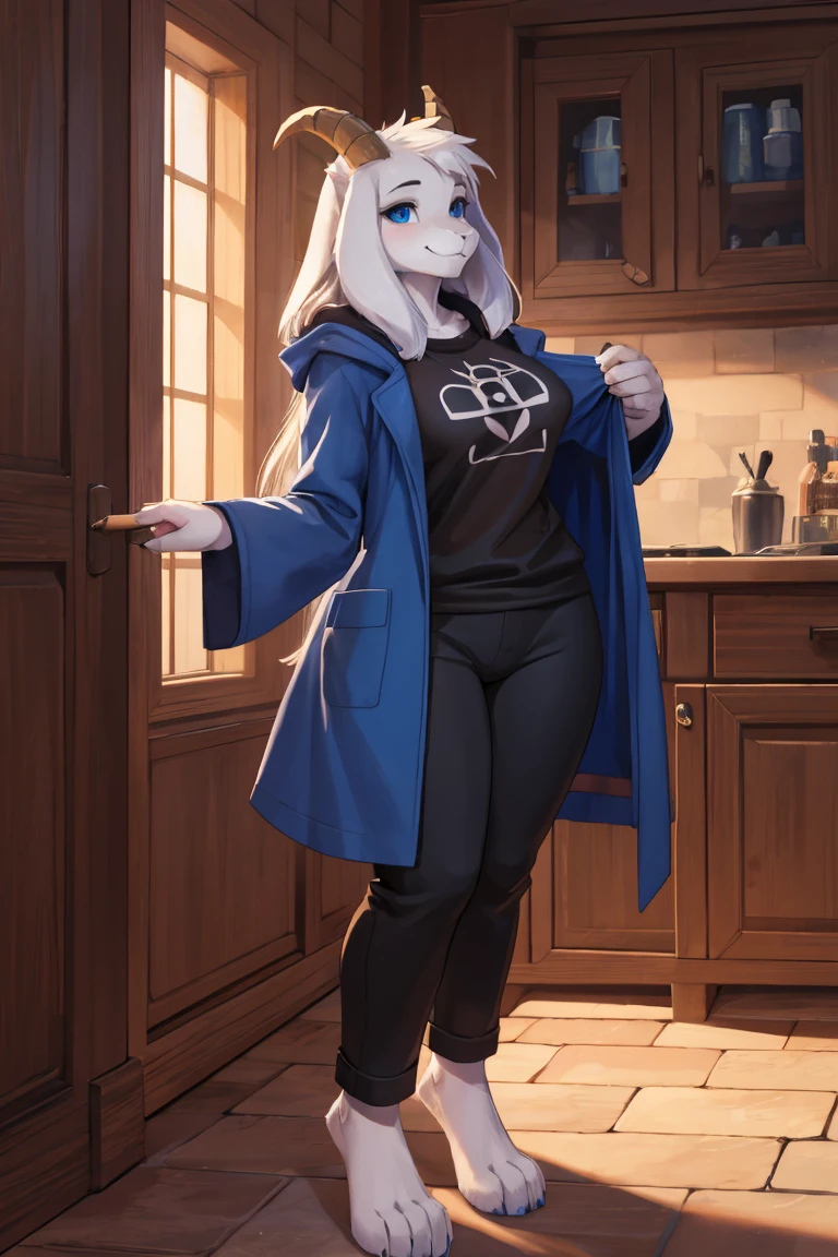 woman, alone, in a house, furry, Goat, anthropomorphic goat, Asriel, Undertale, medium breasts, big ass, medium wide hips, perfect body, tall, long hair, blue eyes, anthro face, cartoon, smile, blue coat, black t-shirt, brown pants, looking at the viewer, barefoot, anthro feet, wide feet, detailed, best quality, Best detail, details and quality.