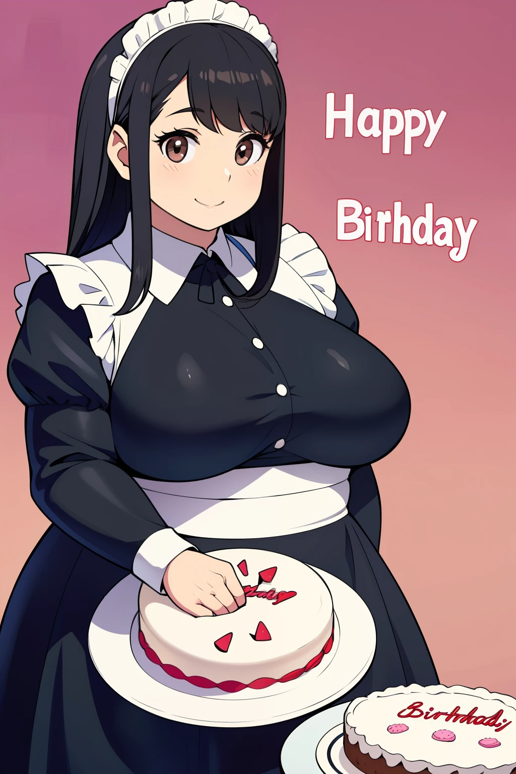 Plump big breasts black hair brown eyes chubby smile longer hair Happy Birthday maid cake