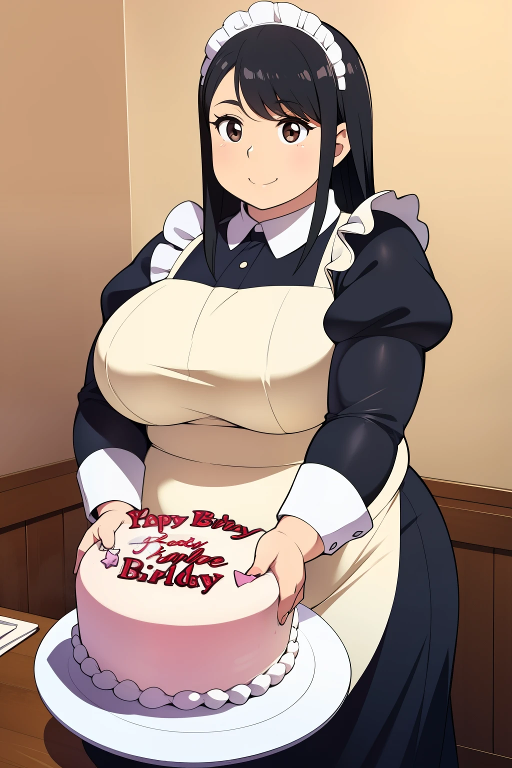 Plump big breasts black hair brown eyes chubby smile longer hair Happy Birthday maid cake