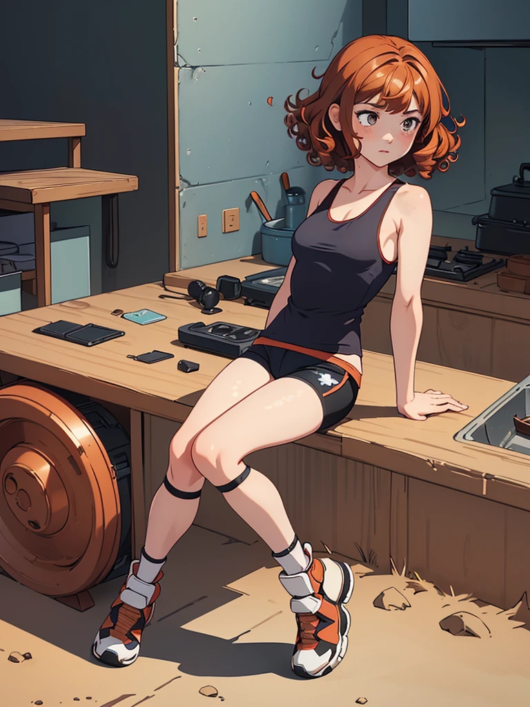 (masterpiece), (best quality), ((one girl)), ((alone)),copper red hair,(brown eyes),short hair, ((curly hair)),(side parted hair bangs) ,anime style, freckles, (small breast), (petite figure), (blue tank top),(black shorts), ((knee pads)),legs, (desert background))