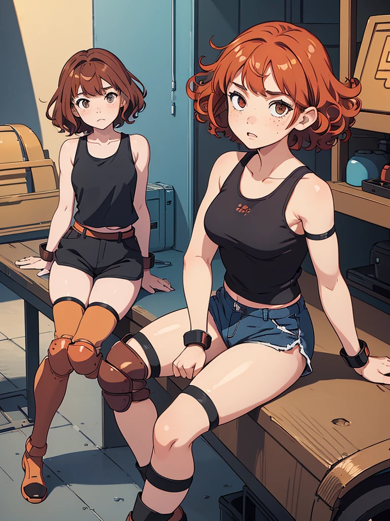 (masterpiece), (best quality), ((one girl)), ((alone)),copper red hair,(brown eyes),short hair, ((curly hair)),(side parted hair bangs) ,anime style, freckles, (small breast), (petite figure), (blue tank top),(black shorts), ((knee pads)),legs, (desert background))