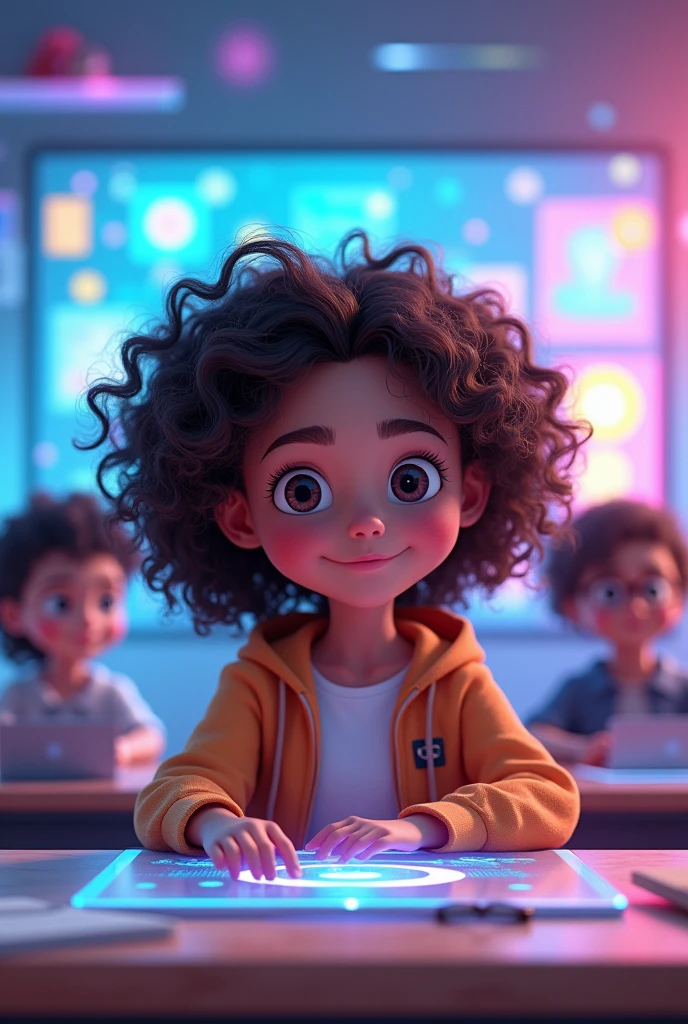 Brunette curly girl in virtual animated class 



