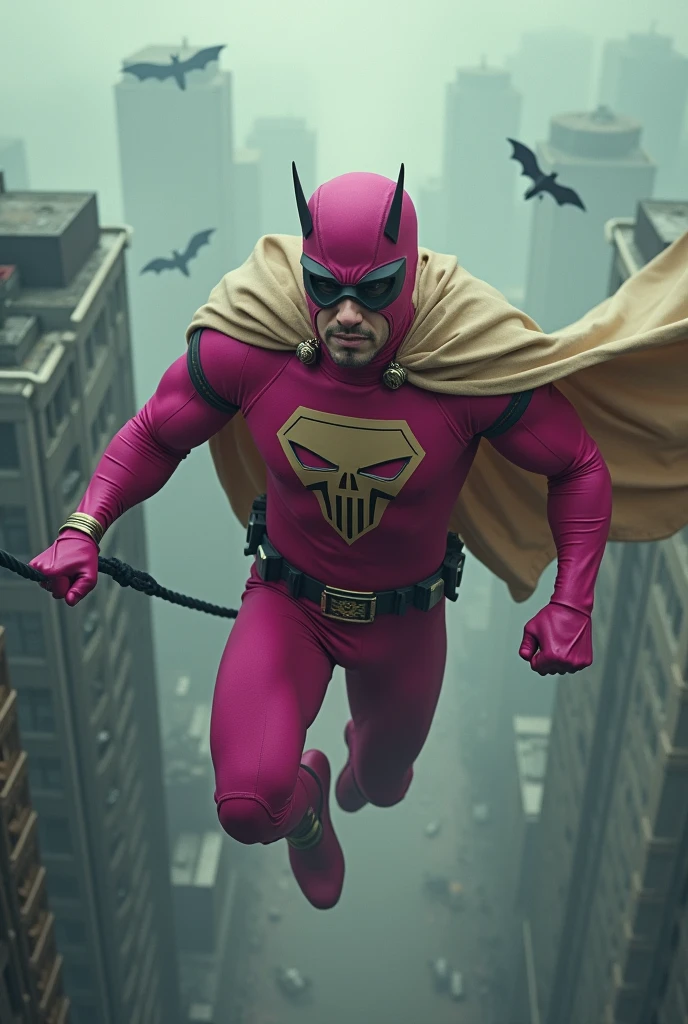 Malaysia man in high-tech suit, vivid effects, malaysian superhero (KELUANG MAN) in a striking pink and beige costume cyberpunk design, mask small mini bat ear beige, daredevil beige mask, jumpsuit dark pink stands confidently in a dramatic.jumping from high place.hero costume.one hand rise up. Big triangle logo on the chest.high detail Punisher logo on the chest. Fighting pose , stormy landscape. ((Head covered node guard like batman. Running pose , athletic body type, small mini ear bat mask))The character wears domino mask a helmet with pointed mini torn ears and a flowing cape biege, open nose and mouth. Equipped with visible futuristic weapons on a belt,bullet proof jacket pink dark day.show fingers pose, dark night, big supermoon effect . Small logo on chest triangle shape small punisher logo center triangle cyber logo center on chest pink logo mini logo . rocky. Building top.smoke ground , bomb effect background, losse pants, losses costume.adding to --ar 3:4 --style raw --stylize 500 --v 6.1. chaos. Lot of small flying bat. One leg on the high stone. Man . Real man age 40 year old. One hand holding belt.one hand holding black rope hanging on building