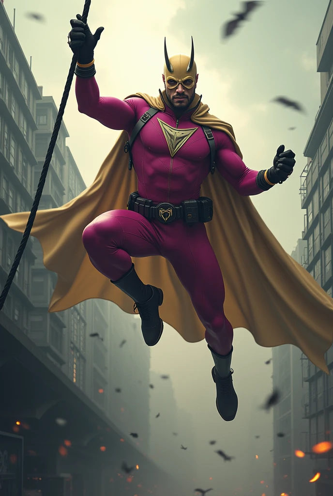 Malaysia man in high-tech suit, vivid effects, malaysian superhero (KELUANG MAN) in a striking pink and beige costume cyberpunk design, mask small mini bat ear beige, daredevil beige mask, jumpsuit dark pink stands confidently in a dramatic.jumping from high place.hero costume.one hand rise up. Big triangle logo on the chest.high detail Punisher logo on the chest. Fighting pose , stormy landscape. ((Head covered node guard like batman. Running pose , athletic body type, small mini ear bat mask))The character wears domino mask a helmet with pointed mini torn ears and a flowing cape biege, open nose and mouth. Equipped with visible futuristic weapons on a belt,bullet proof jacket pink dark day.show fingers pose, dark night, big supermoon effect . Small logo on chest triangle shape small punisher logo center triangle cyber logo center on chest pink logo mini logo . rocky. Building top.smoke ground , bomb effect background, losse pants, losses costume.adding to --ar 3:4 --style raw --stylize 500 --v 6.1. chaos. Lot of small flying bat. One leg on the high stone. Man . Real man age 40 year old. One hand holding belt.one hand holding black rope hanging on building