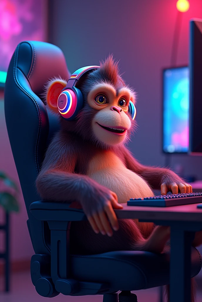 8 fat cool monkey wearing rgb headphone sit on gaming chair and play game with gamer pc