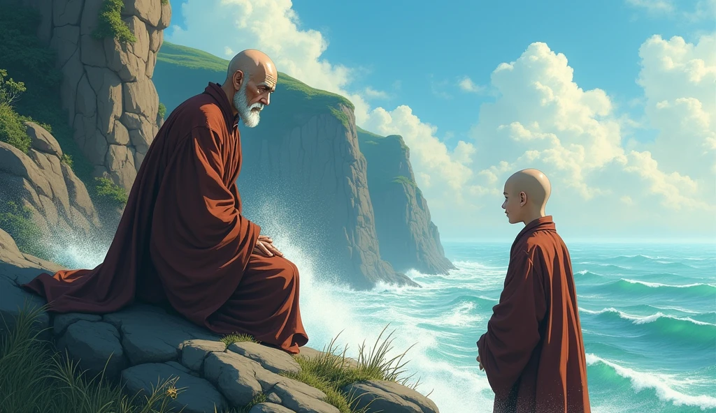 Bald old monk sensei master, young bald desciple, cliff, wind hold fiercely, in anime style,