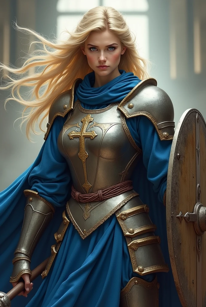 female, blonde, wielding mace and shield, wearing armor with blue cloth, cleric, portrait, light from top