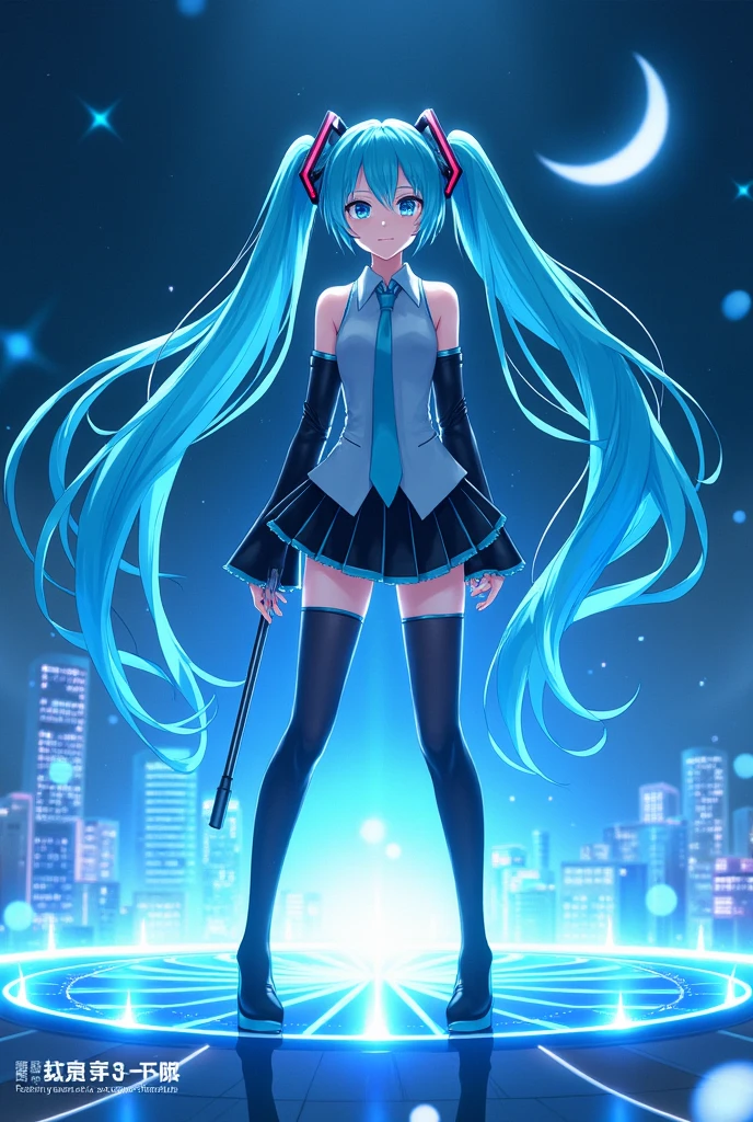 (Hatsune Miku,Light blue hair,Twin tails,No sleeve,tie,mini skirt,socks,Black hoodie),((Blue is the predominant color,Angle from below,Stars in the night sky,Crescent Moon)),(Shining futuristic city at night,Night view,Cyber World),(Dynamic pose,Cool pose,Standing on a glass stage,Cool look,singing,Holding a microphone)