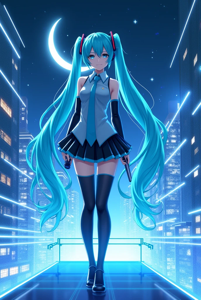 (Hatsune Miku,Light blue hair,Twin tails,No sleeve,tie,mini skirt,socks,Black hoodie),((Blue is the predominant color,Angle from below,Stars in the night sky,Crescent Moon)),(Shining futuristic city at night,Night view,Cyber World),(Dynamic pose,Cool pose,Standing on a glass stage,Cool look,singing,Holding a microphone)