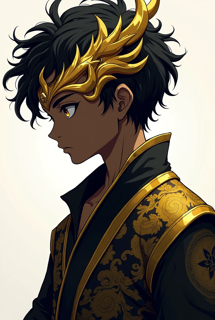 Create me a logo of a black-skinned boy with curly hair and a gold-colored hunter mask with a black and gold shirt that is anime