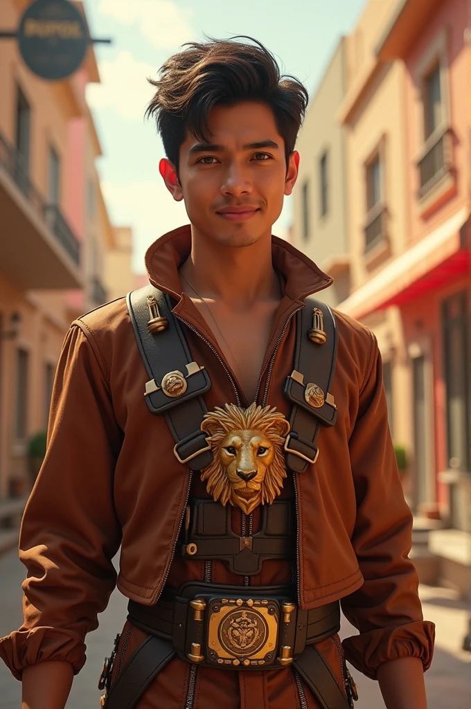 Short hair handsome mexican man. Hero outfit color brown. 90's outfit in heroic. He has a lion on his outfit