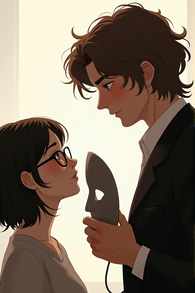 The girl with glasses is looking at the guy with wavy hair and the guy has brown hair and is tall and has a mask in his hand.