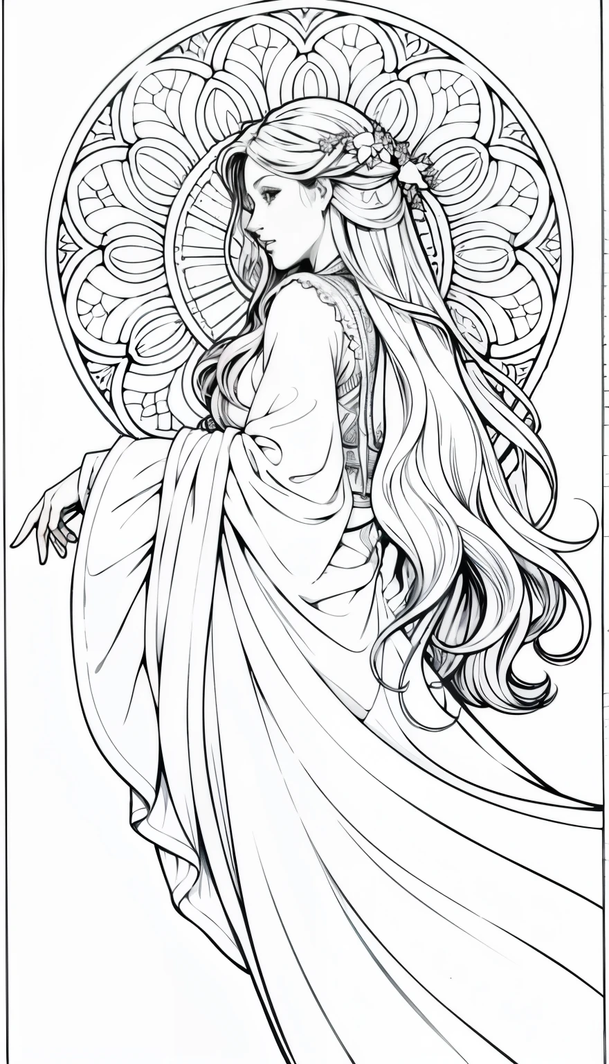 Pursuing their dreams, Coloring Book Pages Coloring Art, All-white background, Beautiful fairy star，White Soft Wavy Hair，Use only contours, Line Art, Coloring Book, Clean Line Art, Mandala，Mountain line drawing，Coloring with natural patterns, Simple and clean Line Art, Coloring Book page, Decorated in Art Nouveau, With Alphonse Mucha&#39;s brush, Perfect details, real, 