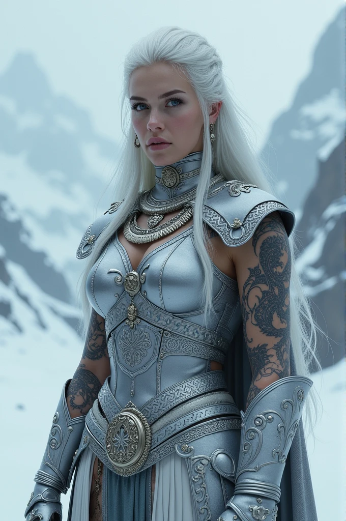 Woman. Nordic. tattooed. armour. white  hair. Neve 