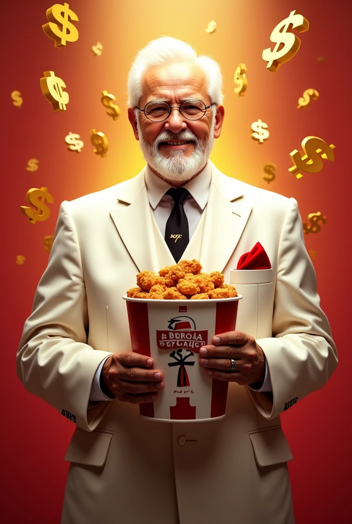 A thumbnail focused on Colonel Sanders becoming a millionaire at 72. The image shows an elderly man resembling Colonel Sanders, dressed in a white suit, holding a bucket of KFC chicken. The background features a golden glow with dollar signs floating around, symbolizing wealth. Bold Spanish text reads 'De Granjero a Millonario' and 'Historia de KFC'. The colors include red, white, and gold to match KFC’s branding. The image should be 720x1280 pixels.
