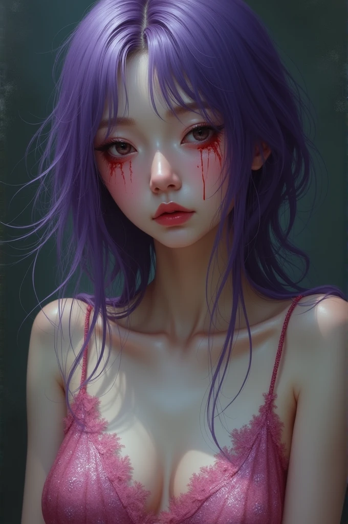 Korean purple hair butterfly woman crying blood with bruised face wearing shiny pink dress 