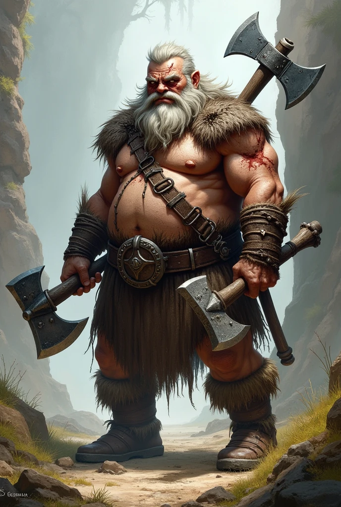 Create a medium height barbarian RPG character, half pot-bellied , human with a large scar on his face covering both eyes , White hair, medium length curly, beardless man is holding two axes in his hands, and on his back a large axe