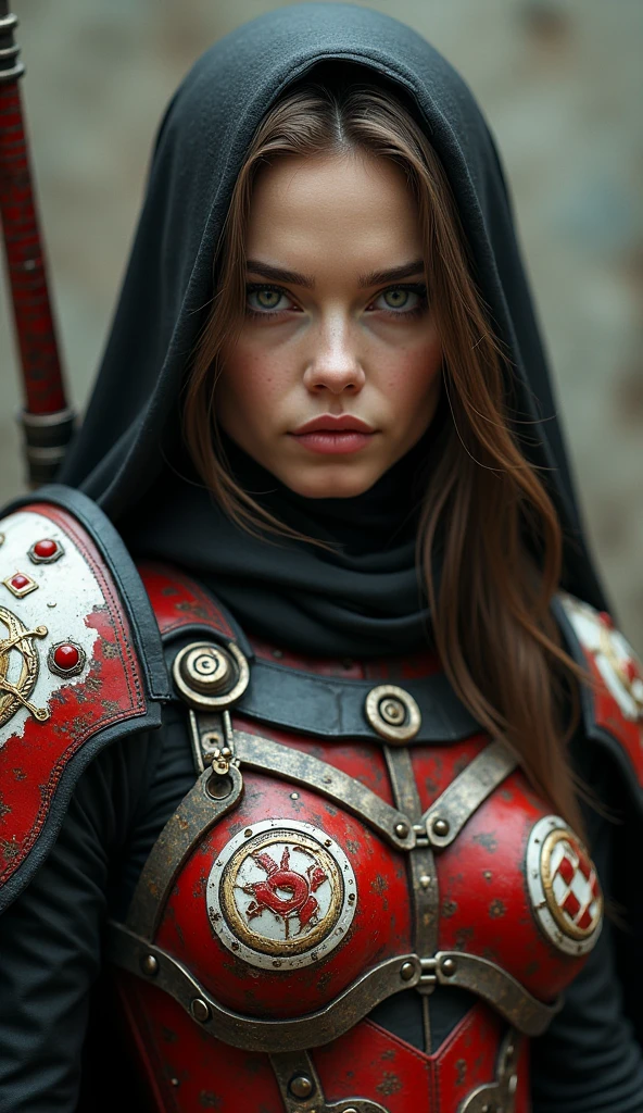 young Angelina Jolie, full body pose as a battle sister from the warhammer 40k, red, black and white armor, religous symbols on the armor, sisters of battle, warhammer 40k, beautiful detailed eyes, beautiful detailed lips, extremely detailed eyes and face, long eyelashes, highly detailed armor, intricate weaponry, dramatic lighting, cinematic composition, muted color palette, gritty and realistic, mecha, science fiction, hyper-detailed, photorealistic, award winning digital art, 8k, HDR, masters work, stunning