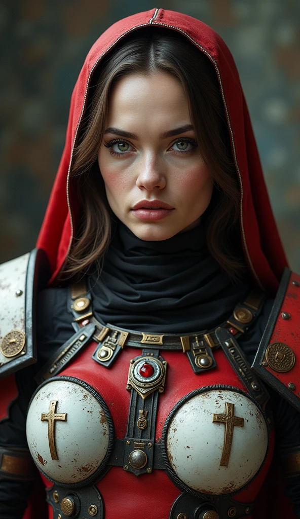 young Angelina Jolie, full body pose as a battle sister from the warhammer 40k, red, black and white armor, religous symbols on the armor, sisters of battle, warhammer 40k, beautiful detailed eyes, beautiful detailed lips, extremely detailed eyes and face, long eyelashes, highly detailed armor, intricate weaponry, dramatic lighting, cinematic composition, muted color palette, gritty and realistic, mecha, science fiction, hyper-detailed, photorealistic, award winning digital art, 8k, HDR, masters work, stunning