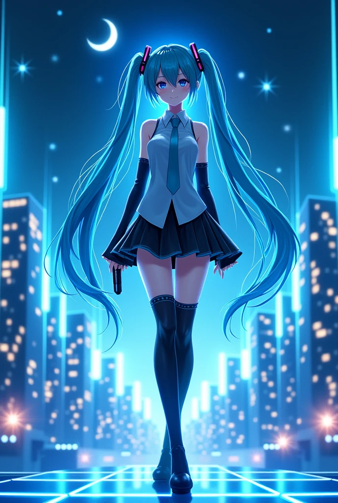 (Hatsune Miku,Light blue hair,Twin tails,No sleeve,tie,mini skirt,socks,Black hoodie),((Blue is the predominant color,Angle from below,Stars in the night sky,Crescent Moon)),(Shining futuristic city at night,Night view,Cyber World),(Dynamic pose,Cool pose,Standing on a glass stage,Cool look,singing,Holding a microphone)