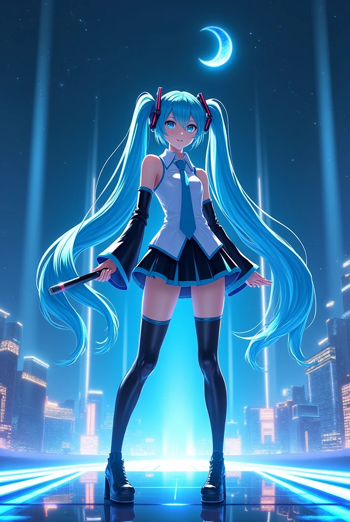 (Hatsune Miku,Light blue hair,Twin tails,No sleeve,tie,mini skirt,socks,Black hoodie),((Blue is the predominant color,Angle from below,Stars in the night sky,Crescent Moon)),(Shining futuristic city at night,Night view,Cyber World),(Dynamic pose,Cool pose,Standing on a glass stage,Cool look,singing,Holding a microphone)