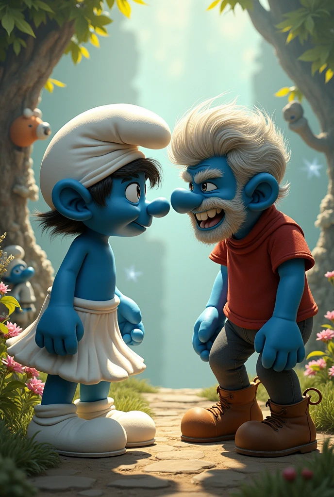 Boy fighting with Smurfette mocking a blind man